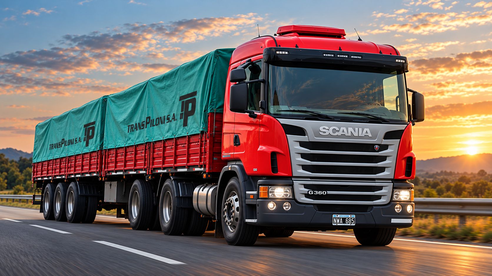 Camión Scania de Transporte Piloni con lona verde y el logo de la empresa, en la ruta al atardecer